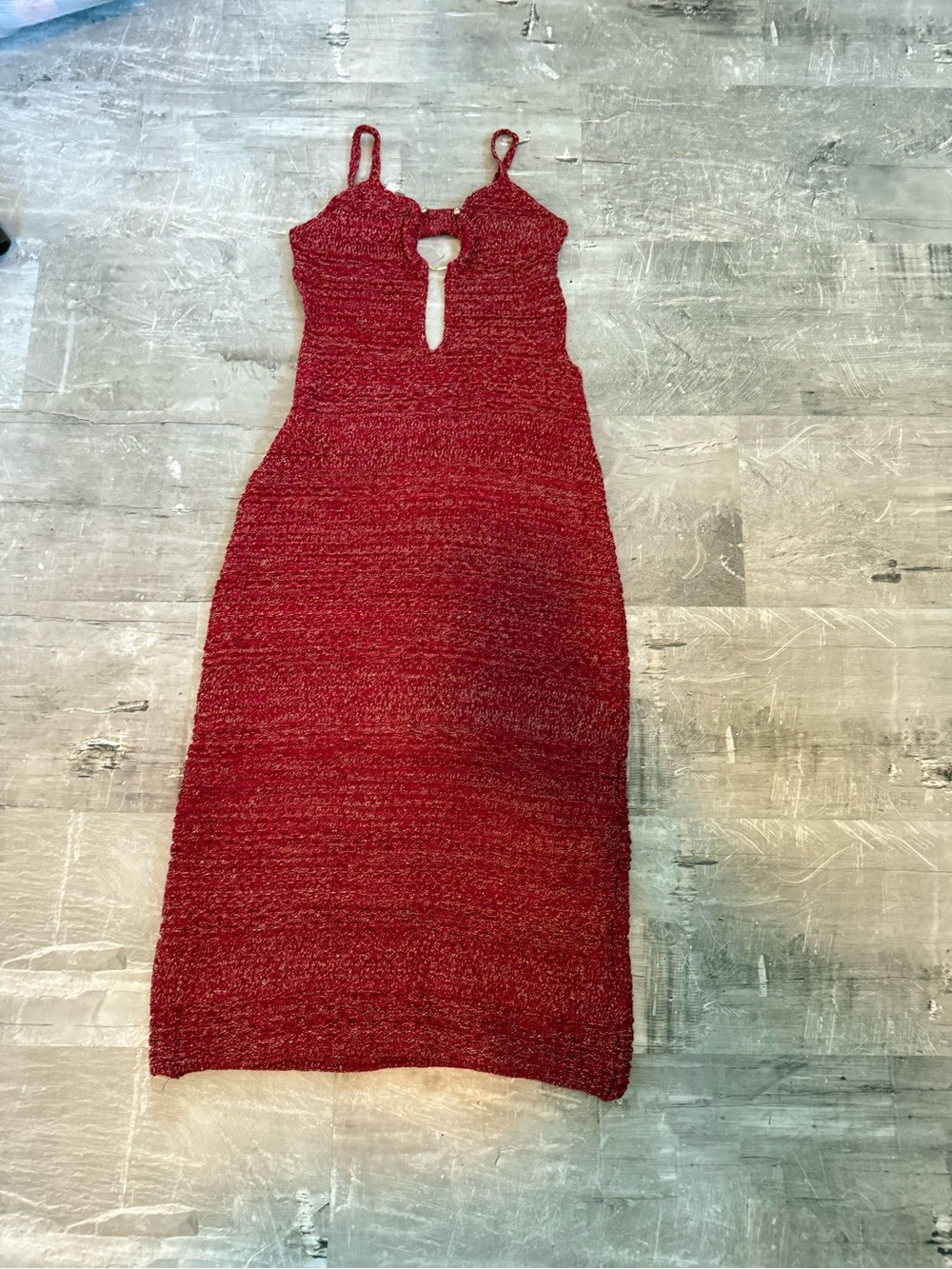 Red Knit Spaghetti-Strap Midi Dress with Front Keyhole